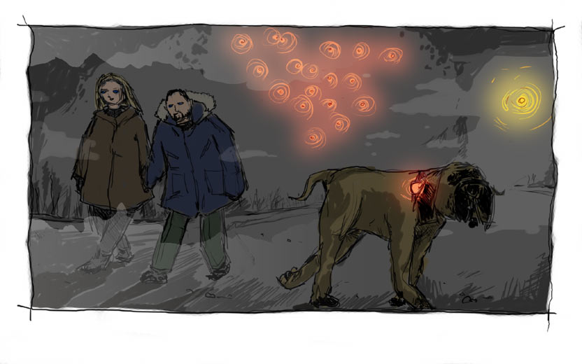 17 Drawings: Illustration 16: Fog Illuminated by Christmas Lights in Our Village at Night