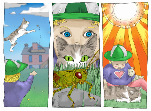 Goodbye to Kitty: Illustration 4: Ingrid as a Young Girl playing with Clem the Cat and a Grasshopper